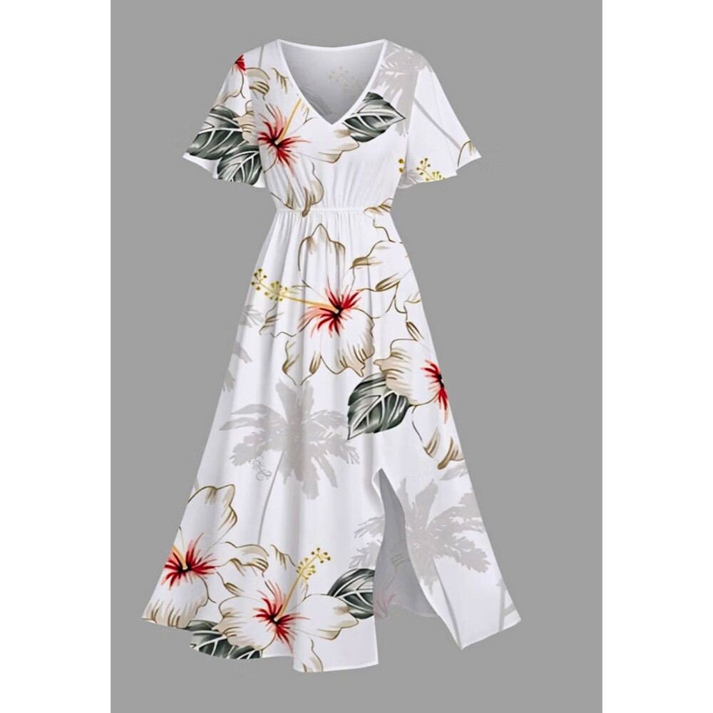 Women's White Floral V-Neck Short Sleeve A-Line Midi Dress w/ Pockets XL